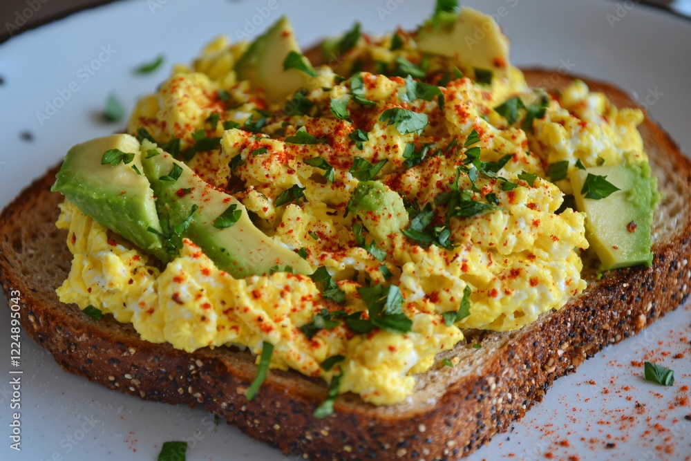 Scrambled eggs with avocado on toasted bread, garnished with herbs and spices, served on a plate Scrambled eggs with avocado on toasted bread, garnished with herbs and spices, served on a plate