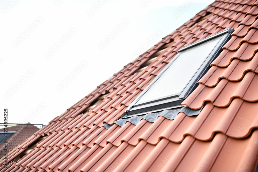 Dachdecker Arbeitsplatz: Dachfenster auf Dächern neu in Dachziegel eindecken Dachdecker Arbeitsplatz: Dachfenster auf Dächern neu in Dachziegel eindecken
