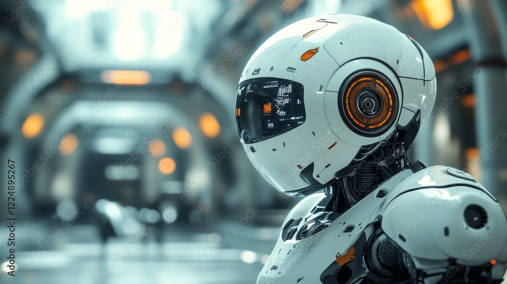 Futuristic white humanoid robot in high-tech corridor Futuristic white humanoid robot in high-tech corridor