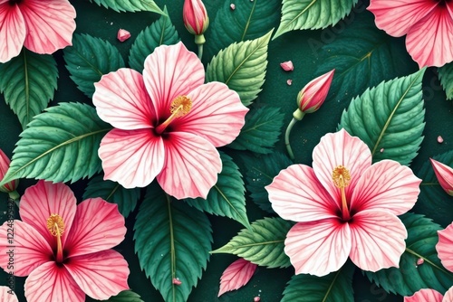 Wallpaper Mural A vibrant, lush depiction of hibiscus blossoms in full bloom, surrounded by rich, deep green foliage, creating a tropical paradise aesthetic. Torontodigital.ca