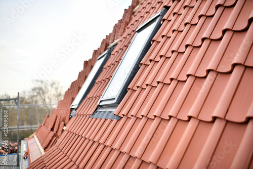 Dachdecker baut Dachfenster auf dem Bau in rote Dachziegel Dächer ein