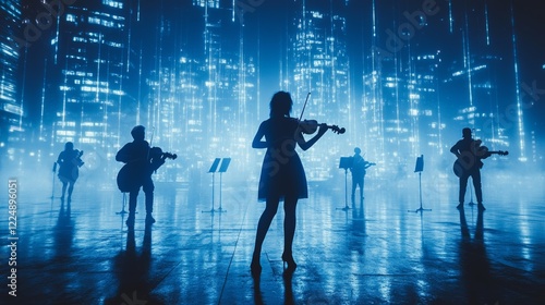 Silhouetted string quartet performing in futuristic cityscape with blue neon lights