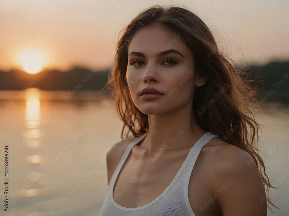 A close-up of a model wearing a white tank top, standing gracefully with soft lighting, against a blurry sunset background, evoking serenity and calm. A close-up of a model wearing a white tank top, standing gracefully with soft lighting, against a blurry sunset background, evoking serenity and calm.