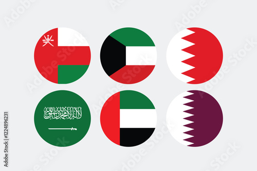 GCC Gulf Country Middle East Flag 3D Icon set on isolated white background. United Arab Emirates, Kuwait, Qatar, Bahrain, Saudi Arabia, and Oman.
