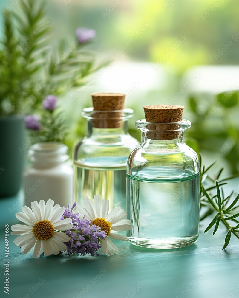 Natural essence bottles with corks and fresh flowers on a light blue surface still life Natural essence bottles with corks and fresh flowers on a light blue surface still life