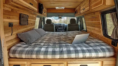 A camper van interior converted into a mobile office photo