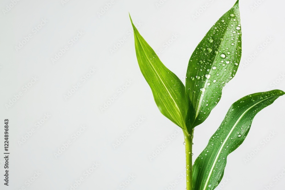 Fototapeta premium Fresh green leaves with water droplets showcasing natural beauty against a light background