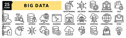 Big data icon set. Containing data mining, big data, processing, integration, file, server, analysis and more. Outline vector icons collection photo