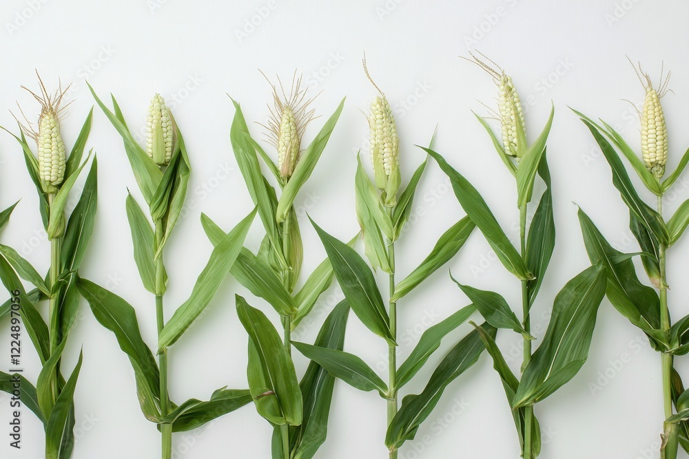 Obraz premium Fresh corn on the cob arranged in a neat row showcasing vibrant green leaves and delightful yellow kernels during summer harvest