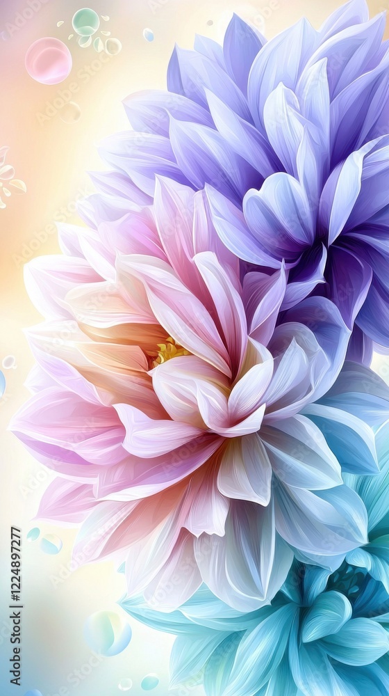 Fototapeta premium Colorful blooming flowers create a vibrant and serene atmosphere in an artistic digital illustration