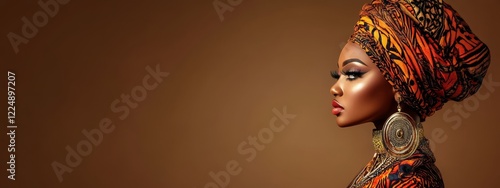 Stunning African woman wearing an elegant traditional turban, captured in a side-view portrait against a warm brown background, offering ample copy space for text, showcasing cultural beauty and sophi photo