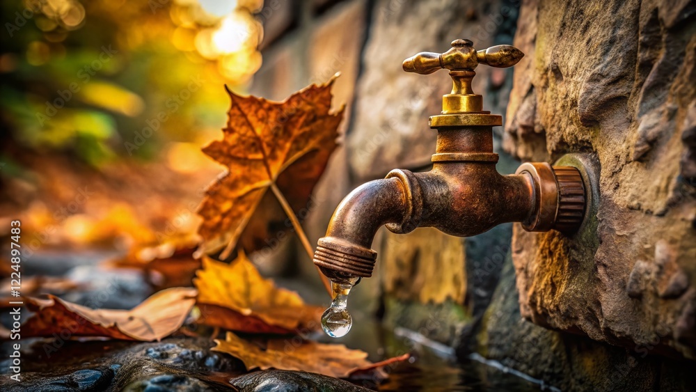 Rustic Brass Garden Tap Overhead - Water Dropping on Stone Rustic Brass Garden Tap Overhead - Water Dropping on Stone