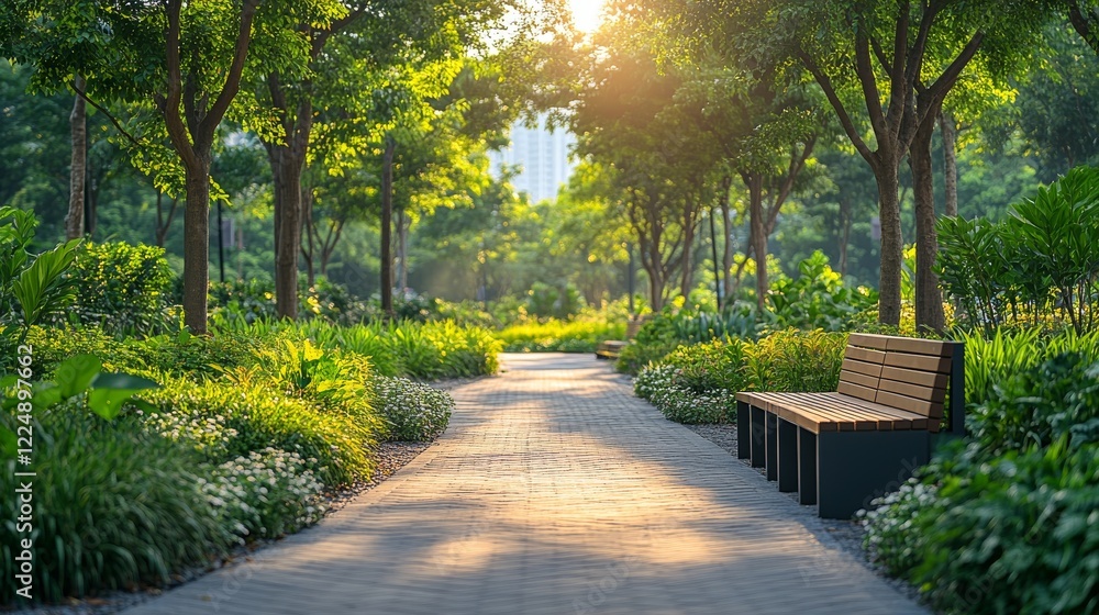 Fototapeta premium Serene park pathway with sunlight filtering through lush green trees