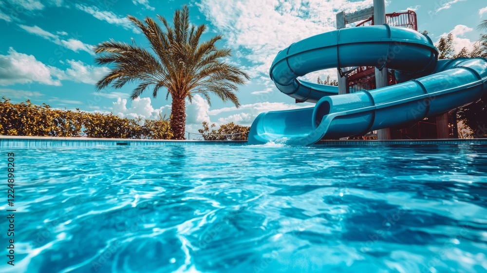 Sunlight dances on the clear turquoise water of a pool, where a vibrant water slide awaits exhilarating adventures, framed by a lush palm tree swaying gently in the breeze Sunlight dances on the clear turquoise water of a pool, where a vibrant water slide awaits exhilarating adventures, framed by a lush palm tree swaying gently in the breeze