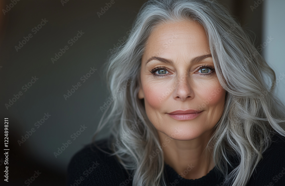 Portrait of an elegant woman with gray hair and captivating eyes in a softly lit indoor setting Portrait of an elegant woman with gray hair and captivating eyes in a softly lit indoor setting