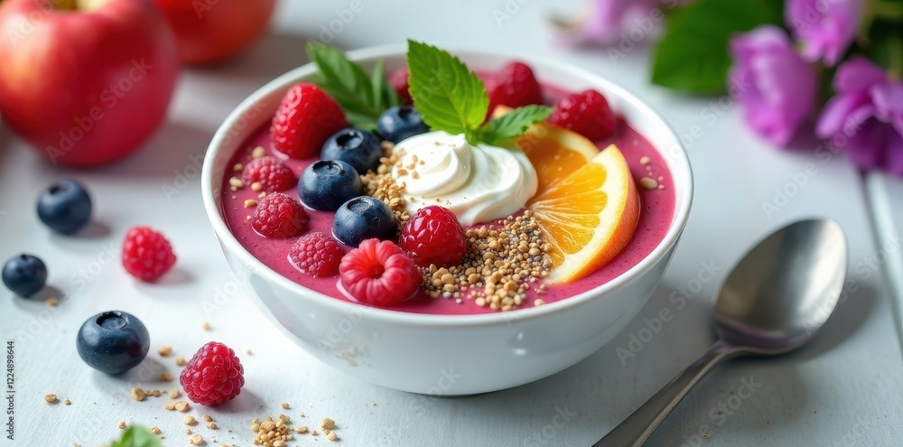 A vibrant and refreshing berry smoothie bowl topped with creamy yogurt, crunchy granola, and a slice of citrus fruit, perfect for a healthy and delicious breakfast or snack A vibrant and refreshing berry smoothie bowl topped with creamy yogurt, crunchy granola, and a slice of citrus fruit, perfect for a healthy and delicious breakfast or snack