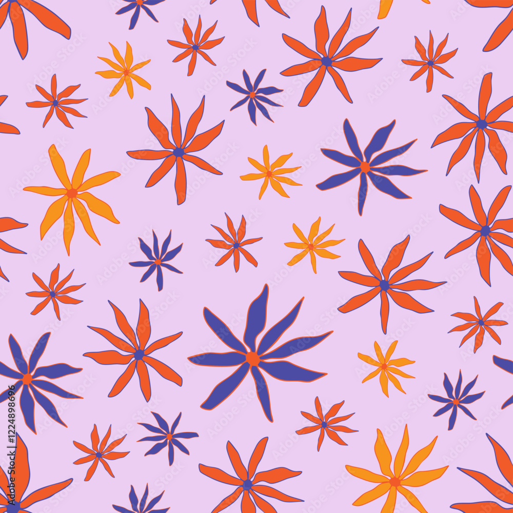 Beautiful seamless pattern with bold colorful hand-drawn flowers on a pastel purple background in doodle style Beautiful seamless pattern with bold colorful hand-drawn flowers on a pastel purple background in doodle style