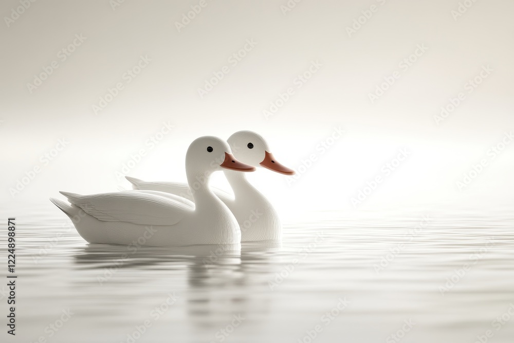 Serene White Ducks Swimming in Calm Water with Soft Light Background at Dawn Serene White Ducks Swimming in Calm Water with Soft Light Background at Dawn