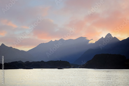 Summer sunset at Lofoten islands, Norway photo