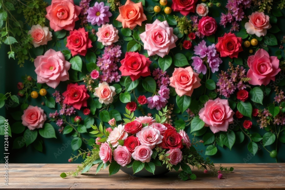 A vibrant floral arrangement of roses in a gray bowl sits on a rustic wooden table against a lush backdrop of various pink, red and purple flowers. A vibrant floral arrangement of roses in a gray bowl sits on a rustic wooden table against a lush backdrop of various pink, red and purple flowers.