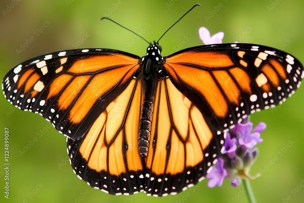 Fototapeta premium Butterfly on a Flower A monarch butterfly perched on a purple lavender flower under soft sunlight. 