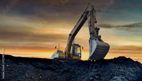 Excavator working on earthmoving at open pit mining. Yellow Backhoe digs sand and gravel in quarry. Heavy Construction Equipment Machines in Action. Digger during excavation at construction site.