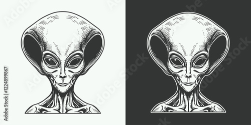 Retro vintage style face portrait of alien ufo humanoid mascot illustration