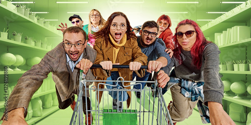 Papier peint Group of people pushing shopping cart in green 3D supermarket, screaming with excitement