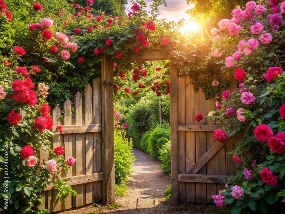 Fototapeta premium Rustic Garden Gate, Blooming Roses, Lush Greenery Path - Stock Photo