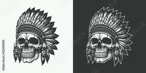 Skull heam human anatomy portrait with indian native american chief feathers decoration шддгыекфешщт