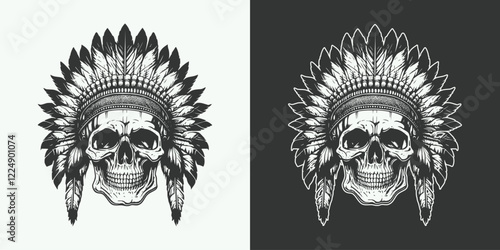 Skull heam human anatomy portrait with indian native american chief feathers decoration шддгыекфешщт
