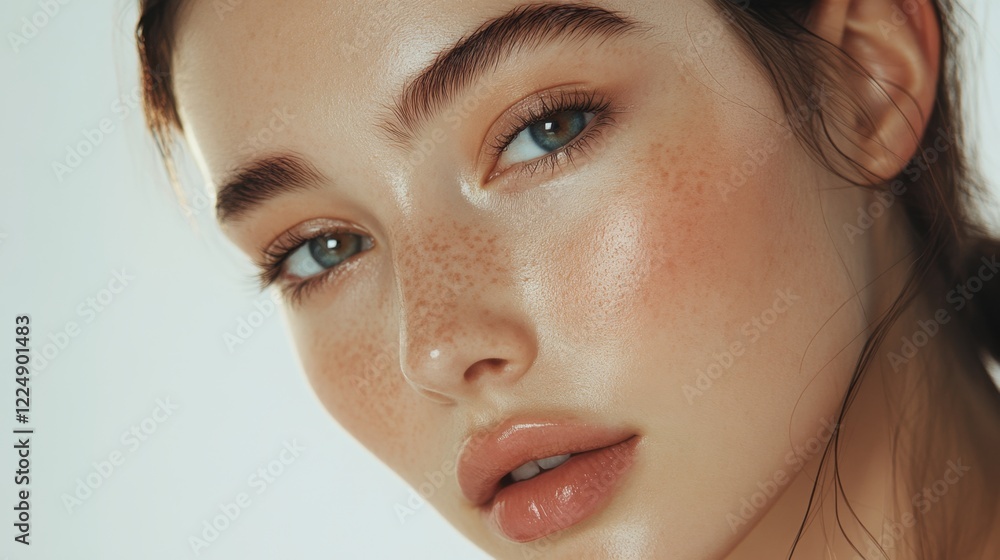 Close-Up Portrait of Woman with Freckles and Natural Makeup Style Close-Up Portrait of Woman with Freckles and Natural Makeup Style