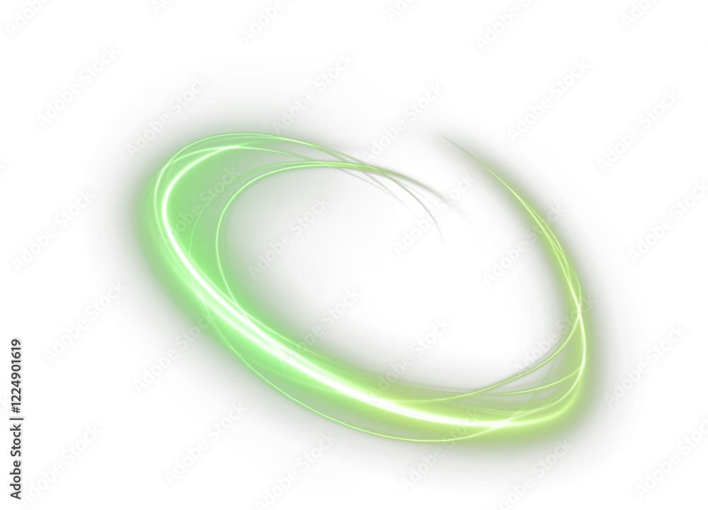 vibrant, futuristic light trail with swirling green neon waves, glowing spirals, and sparkling energy. Featuring an abstract, transparent effect with rotating beams, streaks, and vortex motion for 
