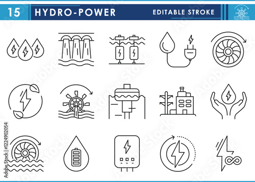 A set of line icons related to Hydropower. Hydro, energy, water, dynamo, generator, green energy, dam, and so on. Vector editable stroke.