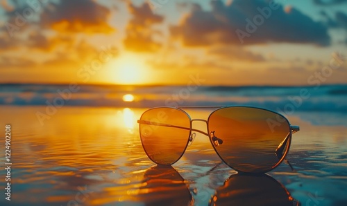 Wallpaper Mural Sunglasses Reflecting Sunset on Beach Sand, Tranquil Summer Vacation Concept, Relaxing Coastal Scenery, Golden Hour, Serene Ocean View, Generative AI Torontodigital.ca