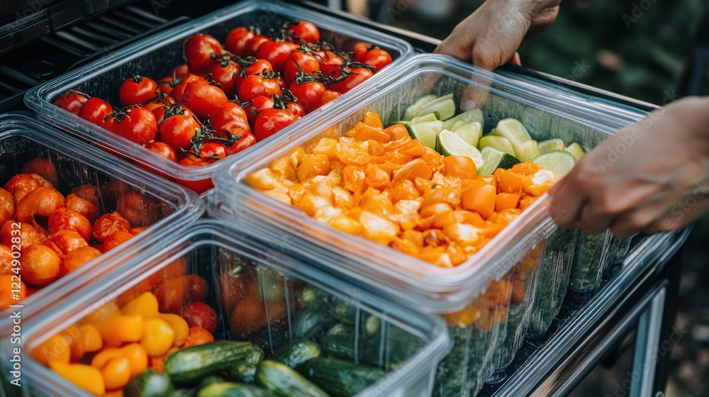 Obraz premium Fresh produce organized in clear plastic containers.