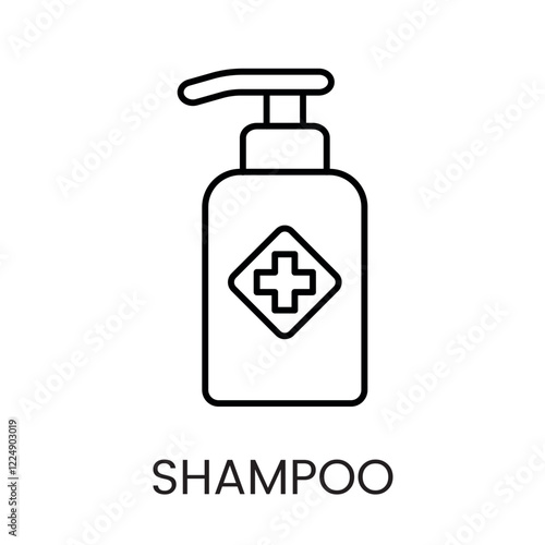 A pump bottle with a medical cross, symbolizing medicated shampoo or therapeutic hair care, in vector style, with an editable stroke