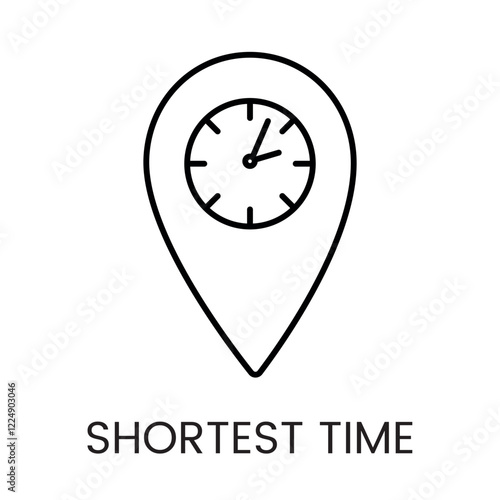 A map pin with a clock icon in vector, representing shortest time or fastest route, with an editable stroke