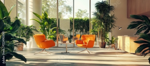A spacious bright office interior with bold orange chairs and lots of green plants offering a warm and calm atmosphere