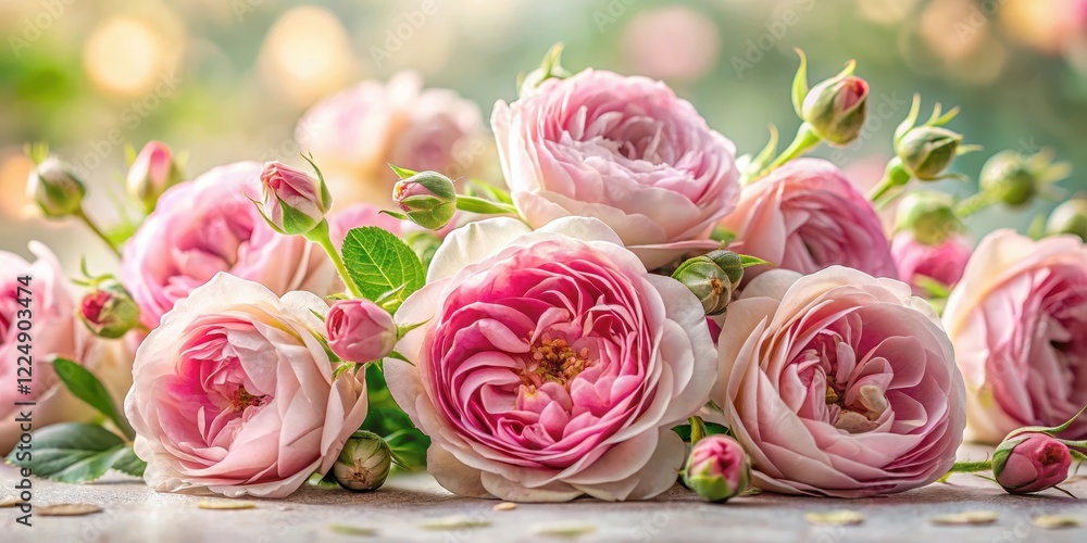 Fototapeta premium Freshly picked Damask rose heads with delicate petals and thorns in a soft focus background , botanical illustration, flower closeup