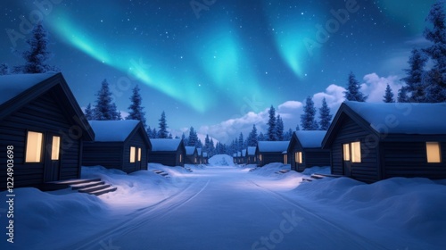 a serene Yakutian village at night, with warm lights glowing from wooden houses  photo