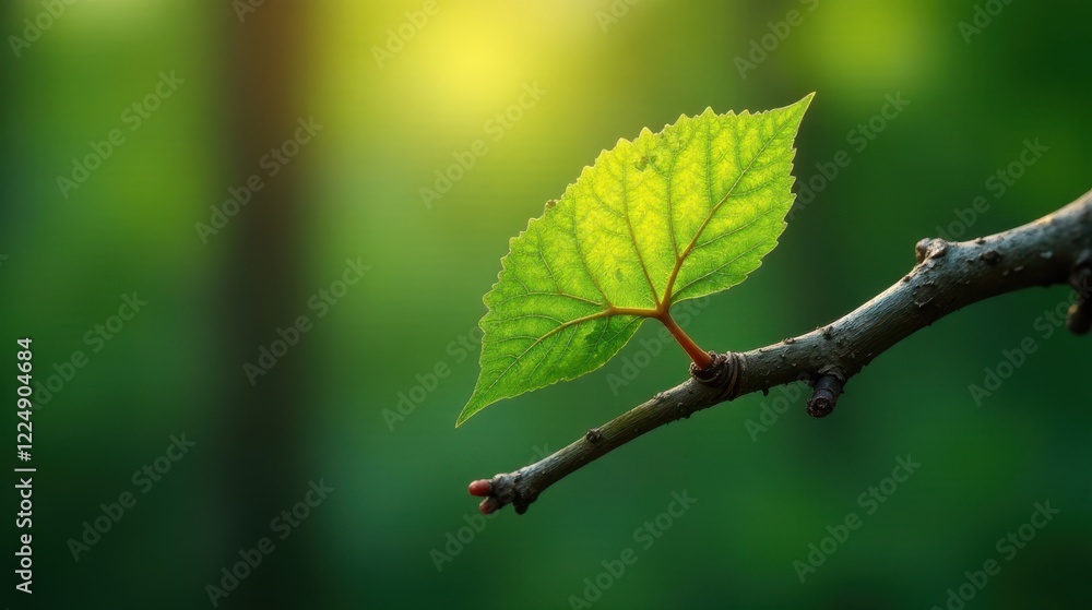 A single vibrant green leaf illuminated by sunlight, delicately perched on a slender branch against a softly blurred verdant background A single vibrant green leaf illuminated by sunlight, delicately perched on a slender branch against a softly blurred verdant background