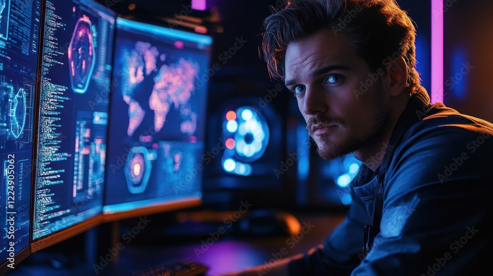 Fototapeta premium Focused young man programmer looking at camera while working late at night on multiple monitors displaying code and data.