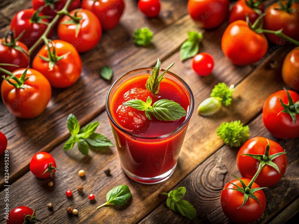 Rustic Top View of Organic Tomato Juice & Cocktail on Wooden Table - Healthy Food Background Rustic Top View of Organic Tomato Juice & Cocktail on Wooden Table - Healthy Food Background