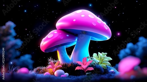 Luminous Mushrooms in a Dreamlike Forest at Night photo