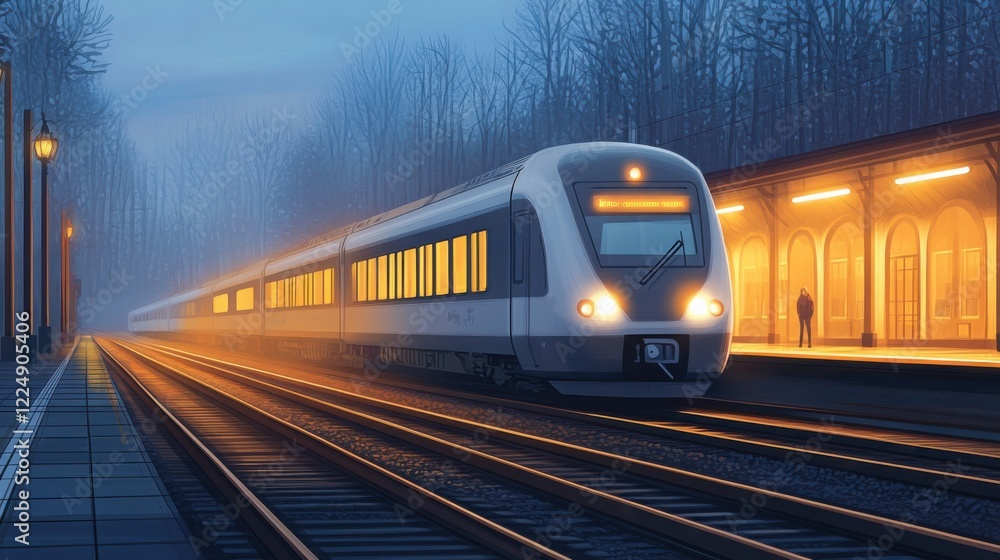 Naklejka premium a train station at dawn, with a train arriving, passengers waiting
