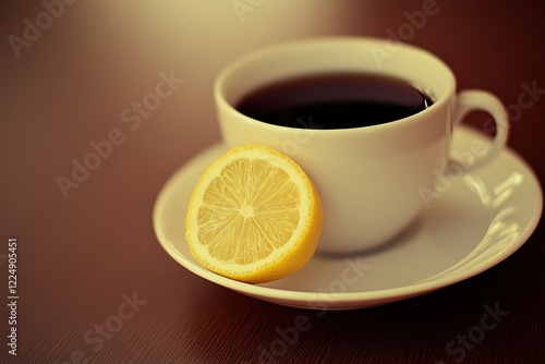Freshly Brewed Coffee in White Cup with Lemon Slice on Saucer on Wooden Table Surface