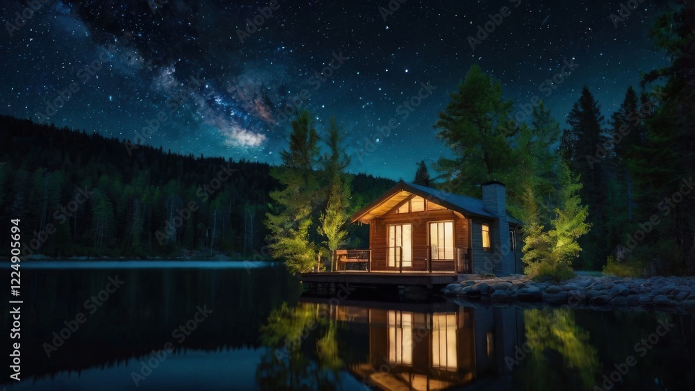 Fototapeta premium Secluded Lake Cabin Under Milky Way: A cozy cabin nestled on a tranquil lake, illuminated from within.