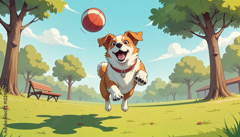 Naklejka premium Energetic dog jumping to catch a ball in a sunny park, joyful playfulness