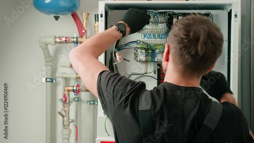 Technician working on internal wiring of heat pump, inspecting electrical connections. Specialist servicing heating and cooling system. Electrician with screwdriver tightening screws on control panel